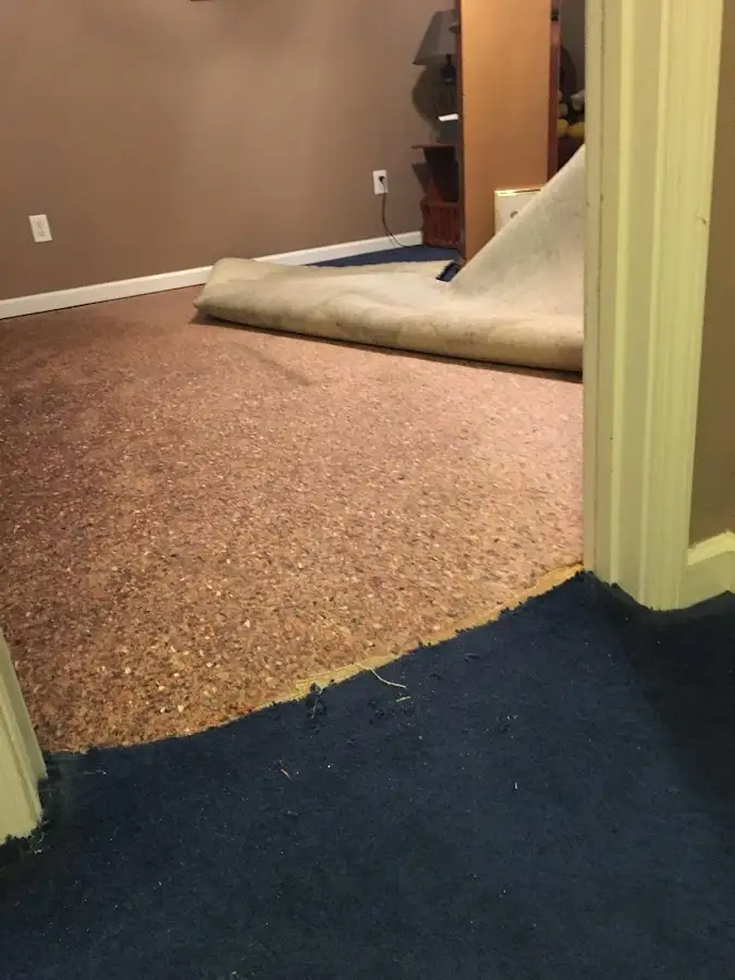 Carpet pad removal revealing water damage during Drying & Dehumidification in Cornelius
